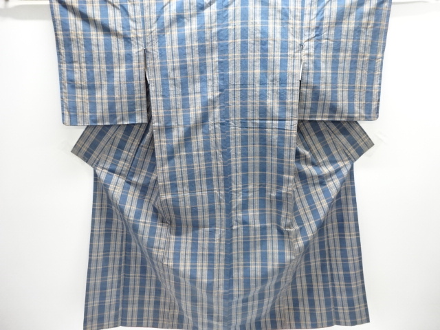 アンティーク　格子織り出し手織り紬着物アンサンブル